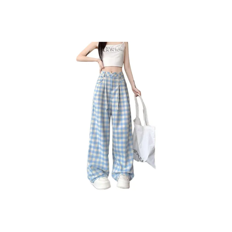 HELEH Casual Pants Women's Blue Plaid-0