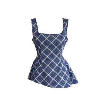 ETSE Tank Tops Women's Blue Plaid Tank Top With Strapless Design