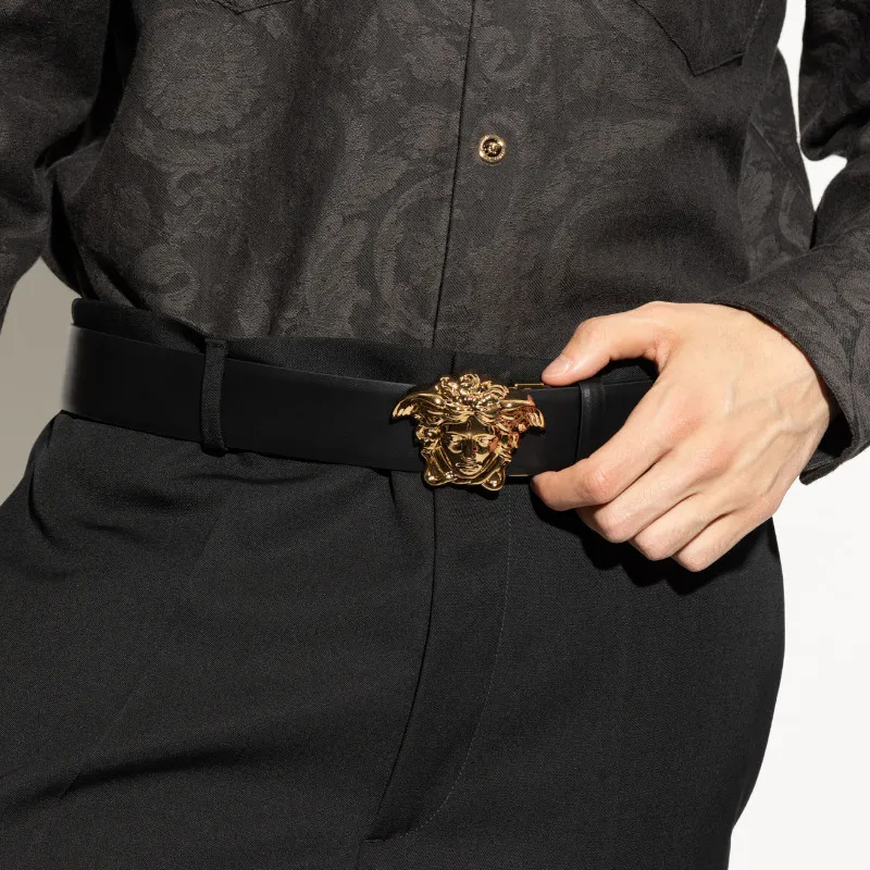 VERSACE 100% Leather Belts Men's Yellow/Black Width 4CM-4
