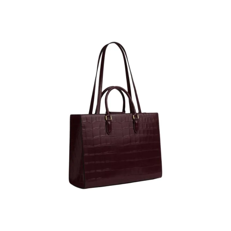 COACH Maggie Crocodile Embossed Leather With Smooth Leather Tote Bag, Shopping Bag, Handbag Tubas Women's Dark Brown-1