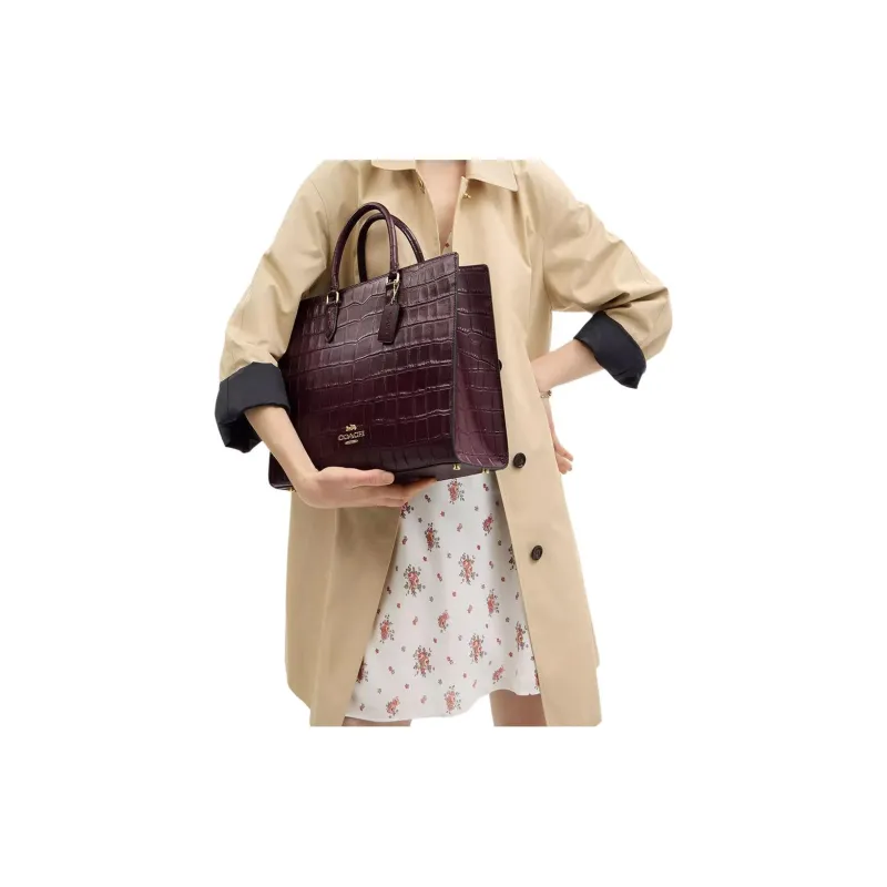 COACH Maggie Crocodile Embossed Leather With Smooth Leather Tote Bag, Shopping Bag, Handbag Tubas Women's Dark Brown-3