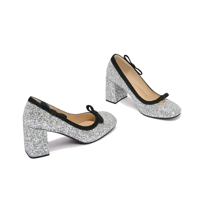 Lily Wei Mermaid's Scale Glow Chunky Heel High Heels Women's Silver-4