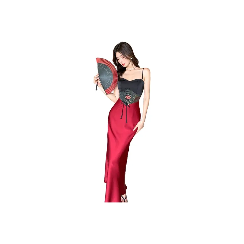 GUOZHEN Slip Dresses Women's Red, Black, Multicolor-0