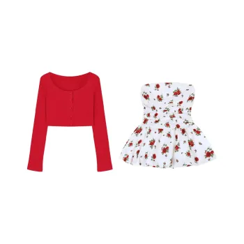 ETSE Two Piece Skirt Sets Women's Red Cardigan+Floral Strapless Top