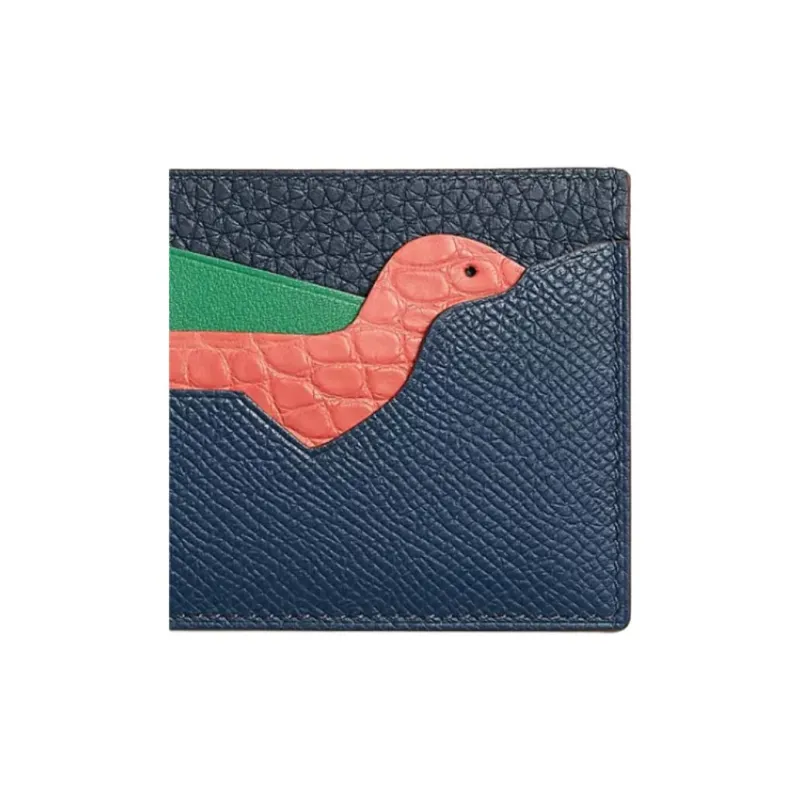HERMES Crocodile Leather With Calfskin Card Holder Unisex Blue & Pink-1