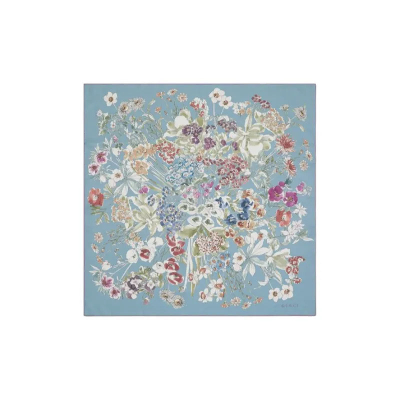 GUCCI Twill Silk Scarves Women's Light Blue-0