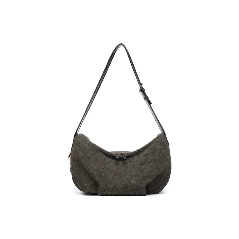 Yawei Kuroda Canvas Dumpling Bag, Crossbody Bag, Shoulder Bag Medium Size Unisex Brown Green-1