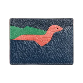 HERMES Crocodile Leather With Calfskin Card Holder Unisex Blue & Pink