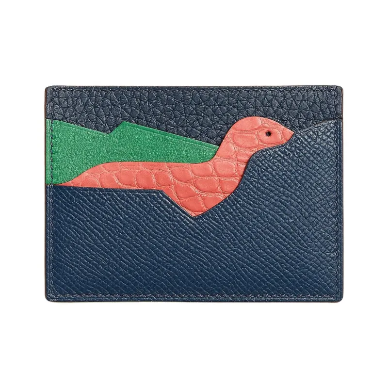 HERMES Crocodile Leather With Calfskin Card Holder Unisex Blue & Pink-0