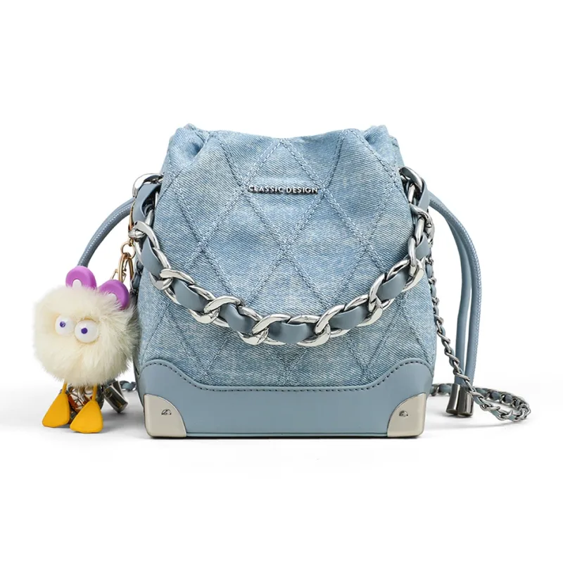 PT'SON Fabric Bucket Bag, Portable Crossbody Bag, Shoulder Bag Regular Women's Denim Blue-3