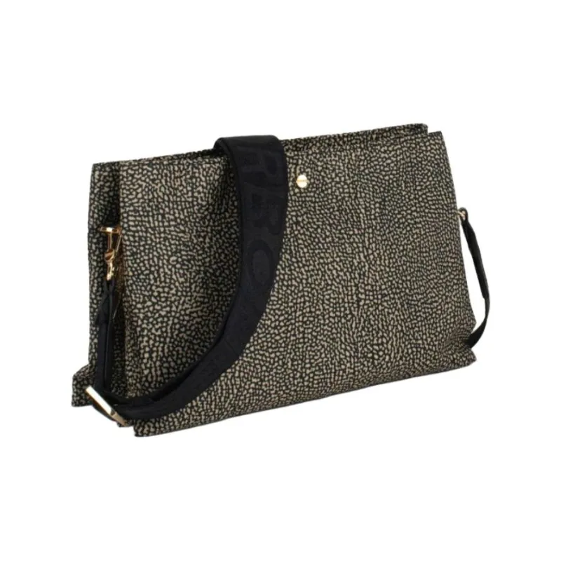BORBONESE Polyester Shoulder Bag Medium Size Men's Black & Beige-1