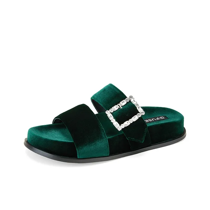 D FUSE SCANDINAVIA Rubber Sole Rhinestone Fuzzy Slip Resistant Slide Slippers Women's-1