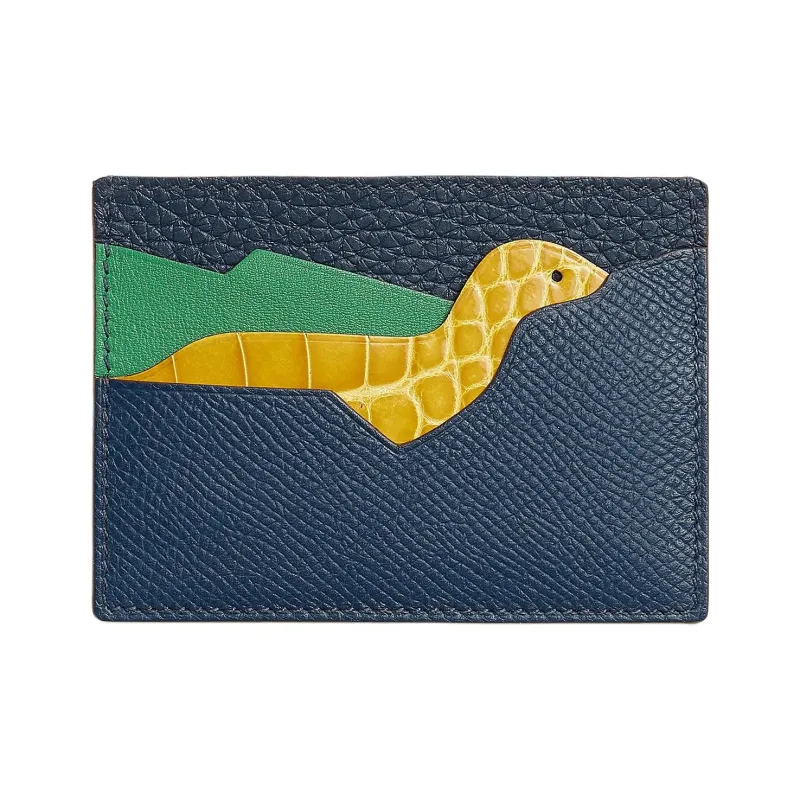 HERMES Crocodile Leather With Calfskin Card Holder Unisex Blue & Yellow-0