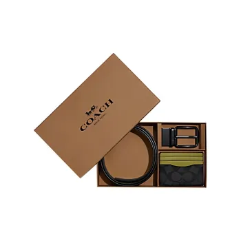 COACH Coated Canvas With Exquisite Calfskin Gift Box Set Card Holder Men's Bronze/Charcoal/Lime Green