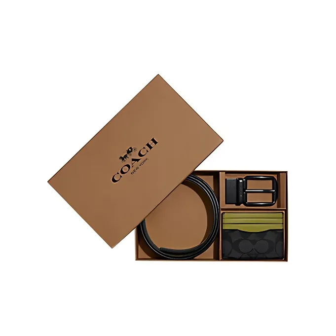 COACH Coated Canvas With Exquisite Calfskin Gift Box Set Card Holder Men's Bronze/Charcoal/Lime Green-0