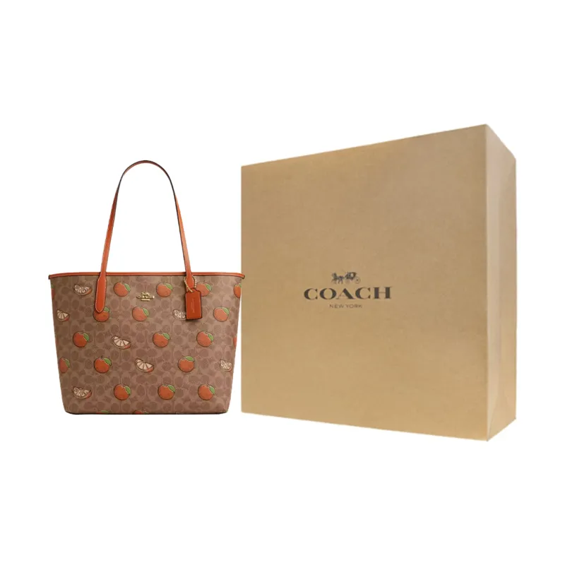 COACH City Coated Canvas Tote Bag, Shopping Bag, Shoulder Bag, Handbag Tubas Women's Gold With Bronze-5
