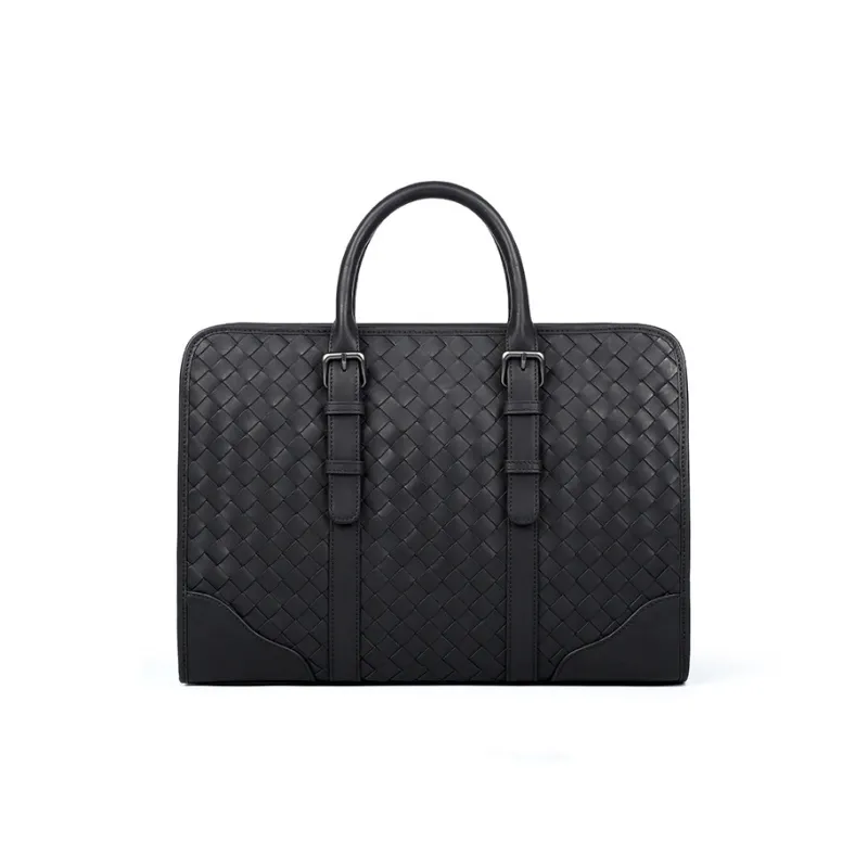 PESASRIE Top Grain Cow Leather Briefcase Men's Black-0