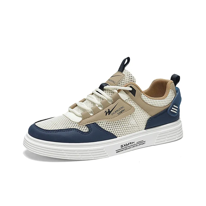 Binary Breathable And Slip Resistant Low Top Skateboard Shoes Men's White Khaki Blue-2