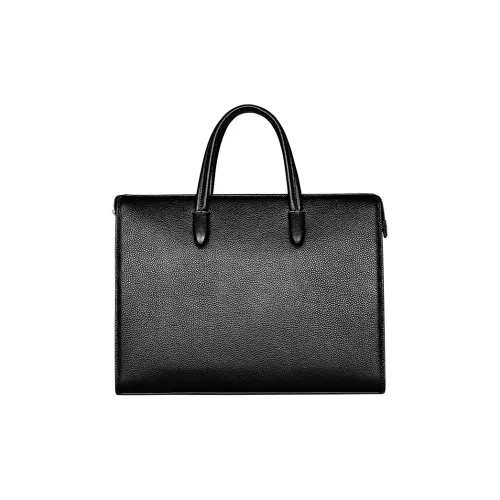 PESASRIE Top Grain Cow Leather Portable Briefcase Men's Black