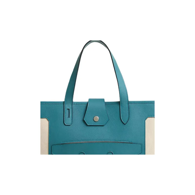 HERMES Monsieur B Canvas With Calfskin Canvas Bag, Tote Bag, Shopping Bag, Handbag Large Size Women's Green-2