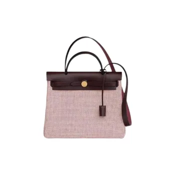 HERMES Herbag Zip Canvas Shoulder Bag, Crossbody Bag, Handbag Women's Light Beige & White & Raspberry Red & Brown