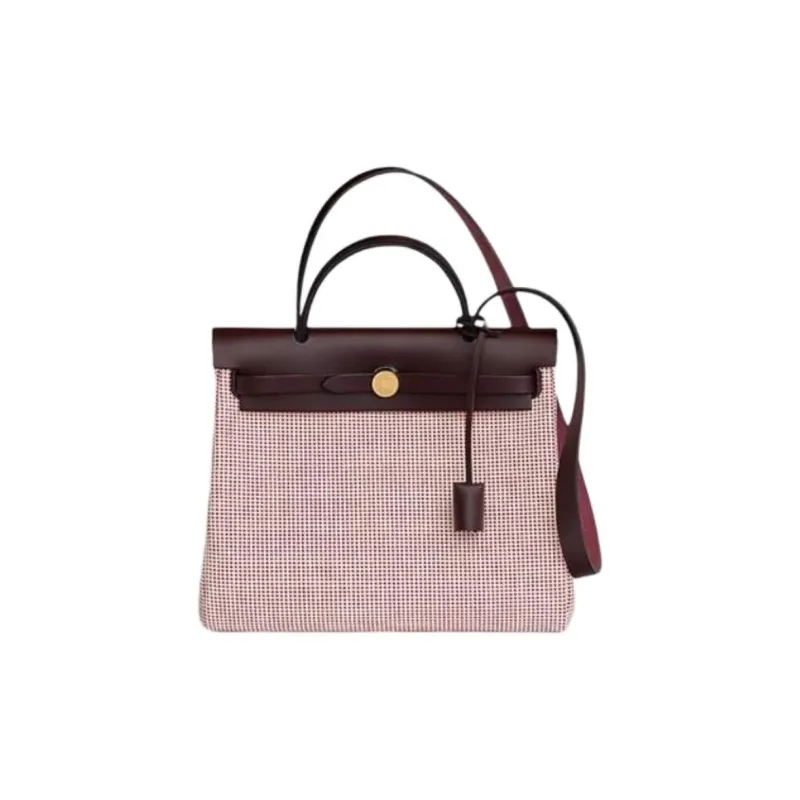 HERMES Herbag Zip Canvas Shoulder Bag, Crossbody Bag, Handbag Women's Light Beige & White & Raspberry Red & Brown-0