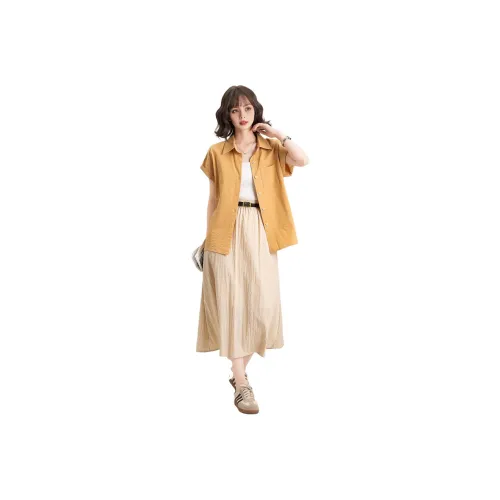FAWENXIANGZI Two Piece Skirt Sets Women's Ginger Yellow+Light Khaki