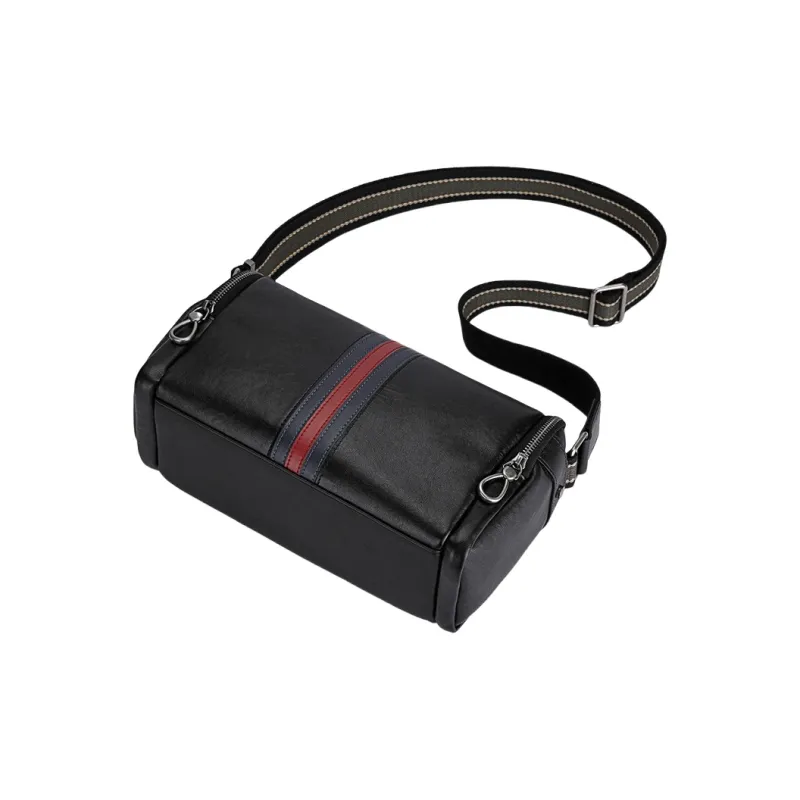 PESASRIE Top Grain Cow Leather Crossbody Bag, Shoulder Bag Men's Black-4