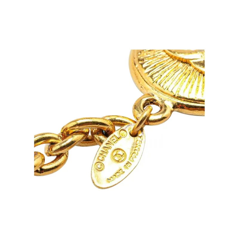 CHANEL 1970 1980 Plated Cc Round Pendant Necklace Costume Necklace-2