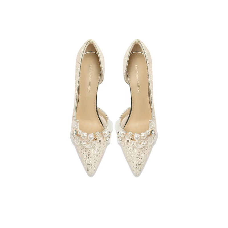 Lily Wei Early Clear Sky Slim Heel High Heels Women's Beige Apricot-2