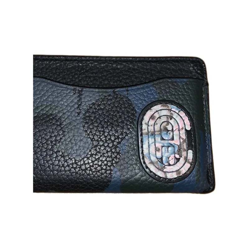 COACH Kaffe Fassett Collaboration Card Case Leather Coin Purses Card Holders Small Size Unisex Blue Black Camouflage-3
