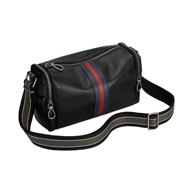 PESASRIE Top Grain Cow Leather Crossbody Bag, Shoulder Bag Men's Black-3