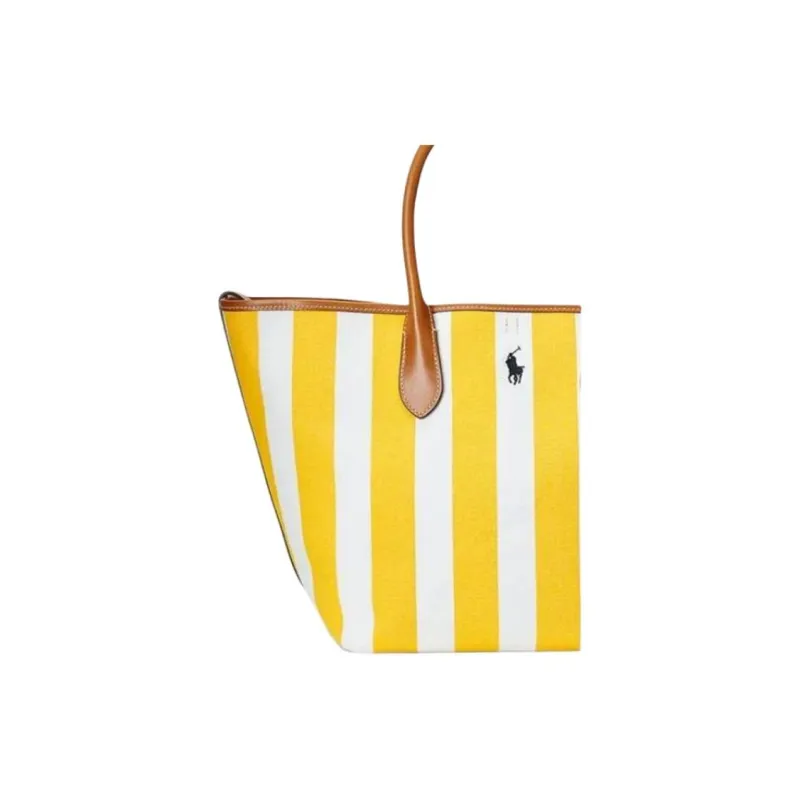 Ralph Lauren Cotton With Leather Tote Bag, Shopping Bag, Shoulder Bag, Handbag Medium Size Women's Yellow-3