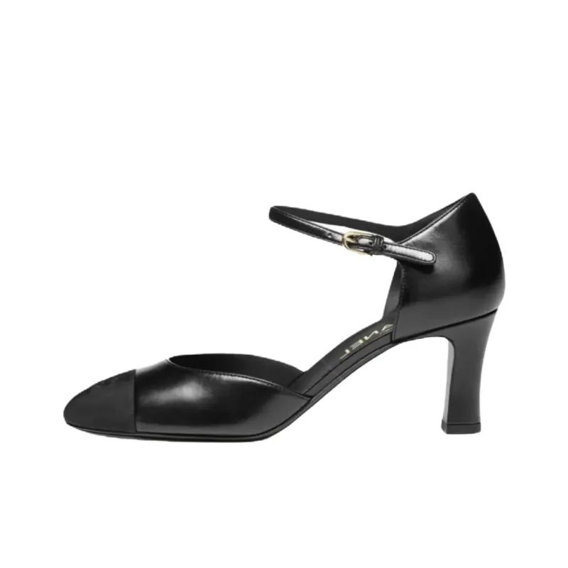 CHANEL 25P Spring Summer Chunky Heel High Heels 7cm Women's Black-0