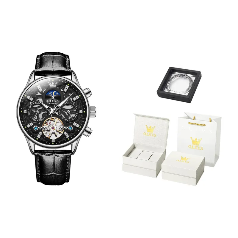 OLEVS Play The Cool Series Mechanical Movement Leather Strap Watch Men's Watches Black Dial-1