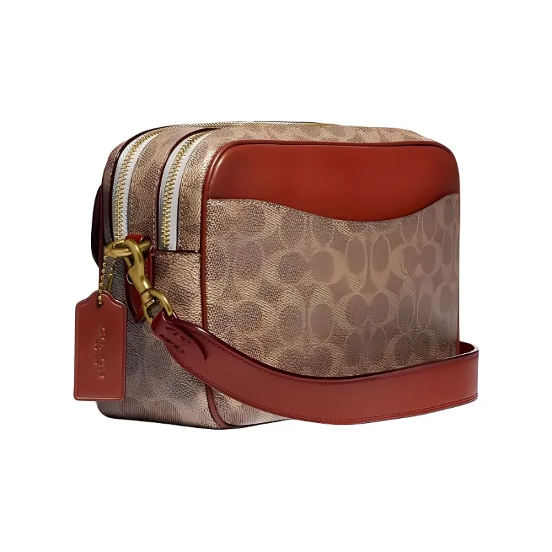 COACH Willow Canvas With Leather Camera Bag, Shoulder Bag, Crossbody Bag Women's Tan & Rusty Red-1