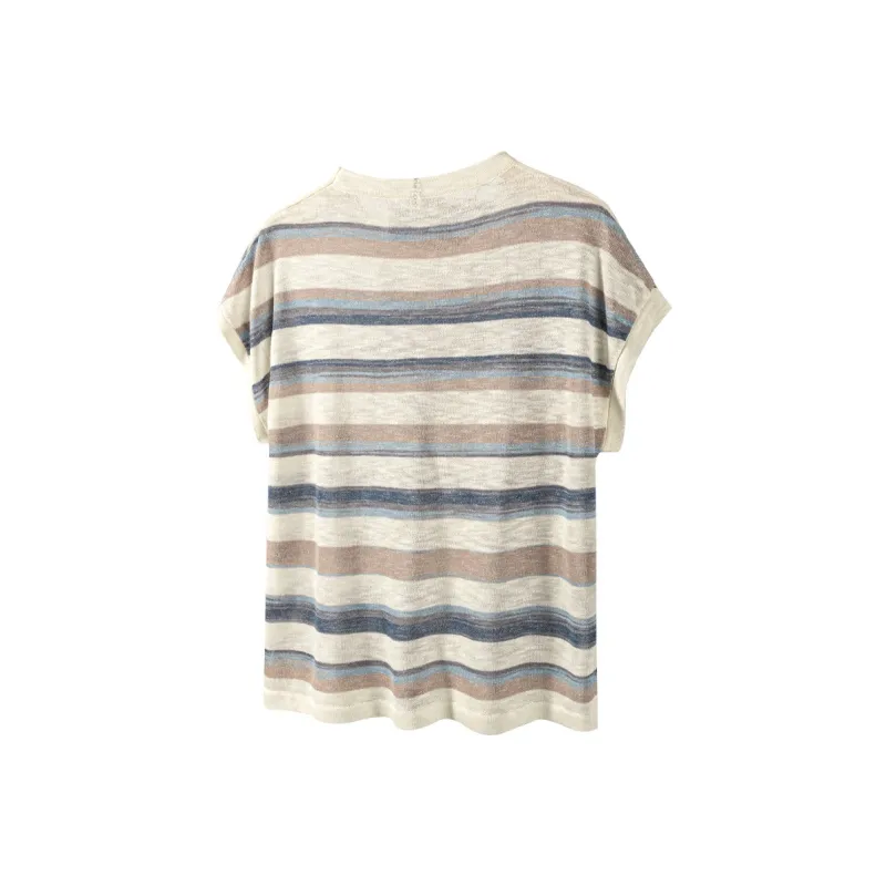 TOUCH Knitwear Women's Apricot Base With Blue Stripes-1