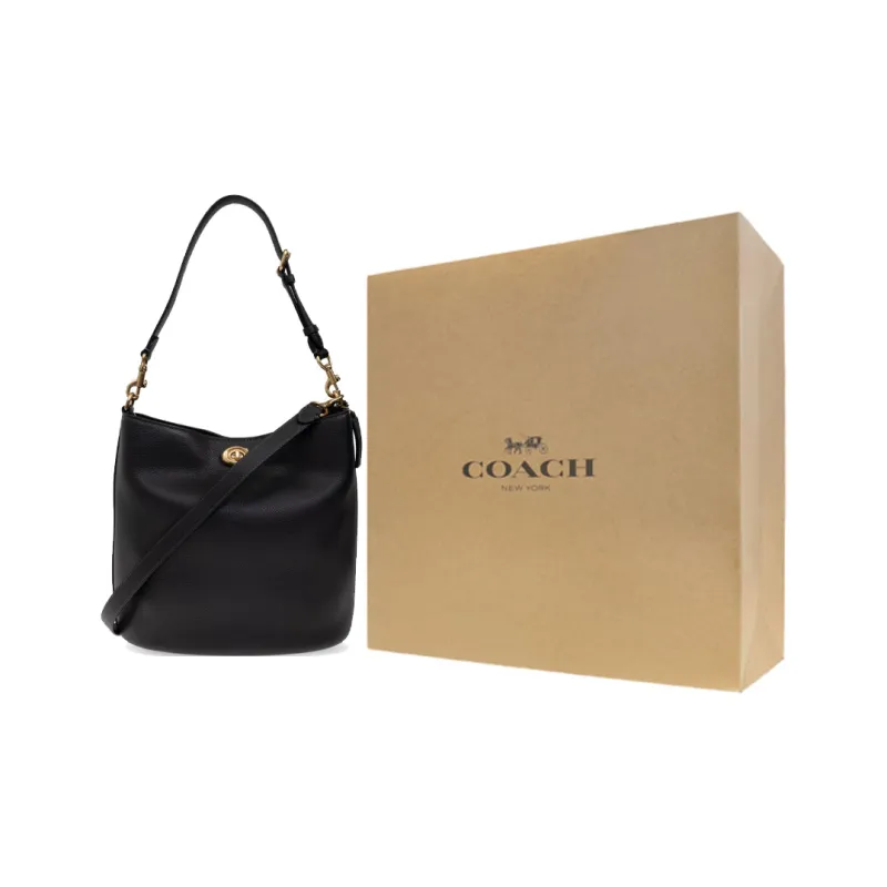 COACH Leather Bucket Bag, Shoulder Bag Medium Large Women's Black-5