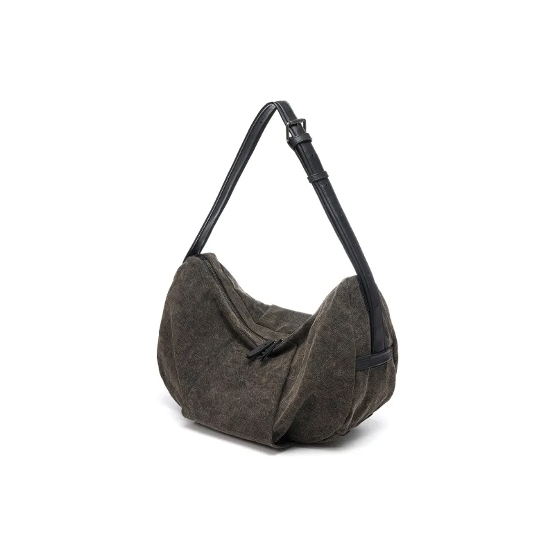 Yawei Kuroda Canvas Dumpling Bag, Crossbody Bag, Shoulder Bag Medium Size Unisex Brown Green-0