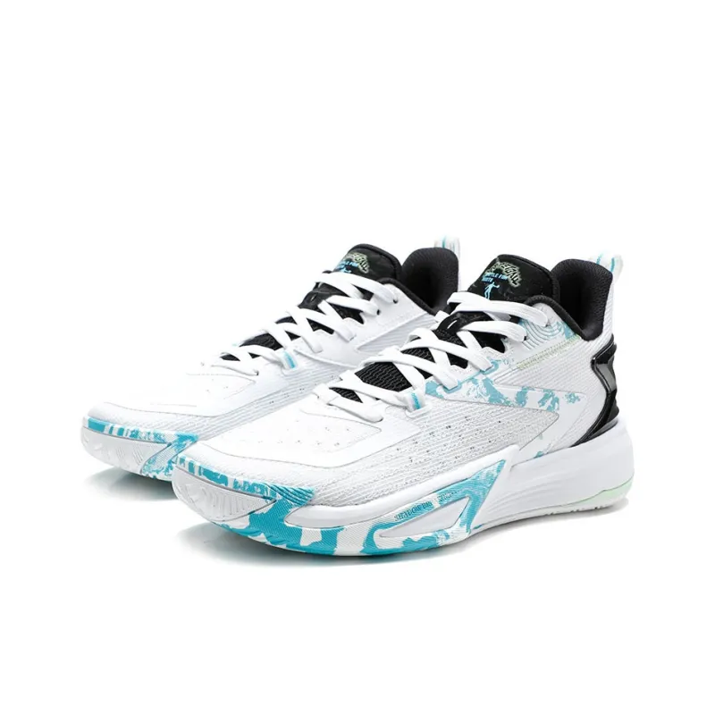 QIAODAN Anti Slip Wear Resistant Low Top Basketball Shoes Men's White Black Blue-2
