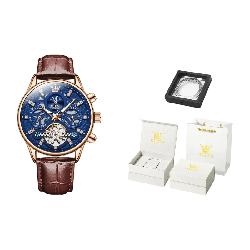 OLEVS Play The Cool Series Mechanical Movement Leather Strap Watch Men's Watches Black Dial-2