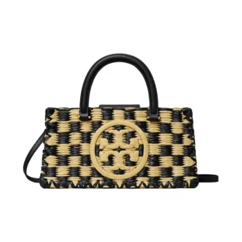 TORY BURCH Ella Raffia Tote Bag, Shopping Bag, Shoulder Bag, Handbag Women's Black & Beige