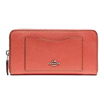 COACH Accordion Zip Wallet Cross Grain Leather Wallet Trumpets Women's Coral Red