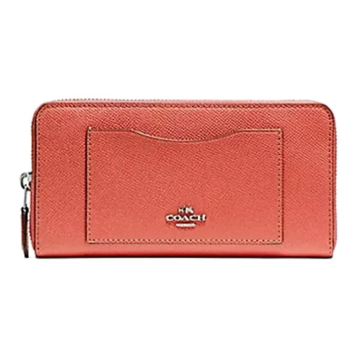 COACH Accordion Zip Wallet Cross Grain Leather Wallet Trumpets Women's Coral Red-0