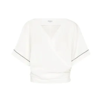 Brunello Cucinelli Shiny Trim Poplin Kimono Style Top
