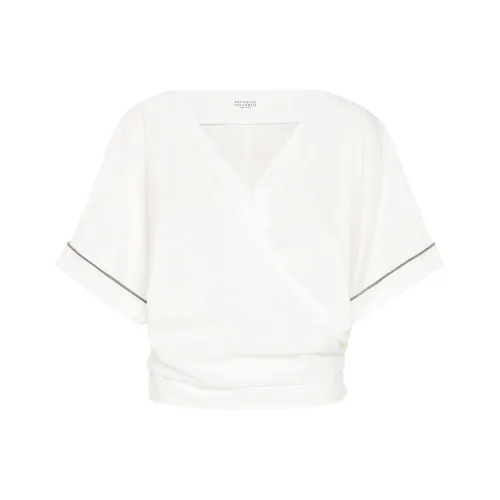 Brunello Cucinelli Shiny Trim Poplin Kimono Style Top