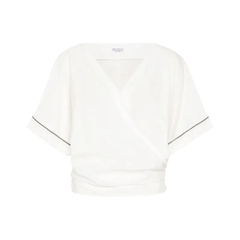 Brunello Cucinelli Shiny Trim Poplin Kimono Style Top-0