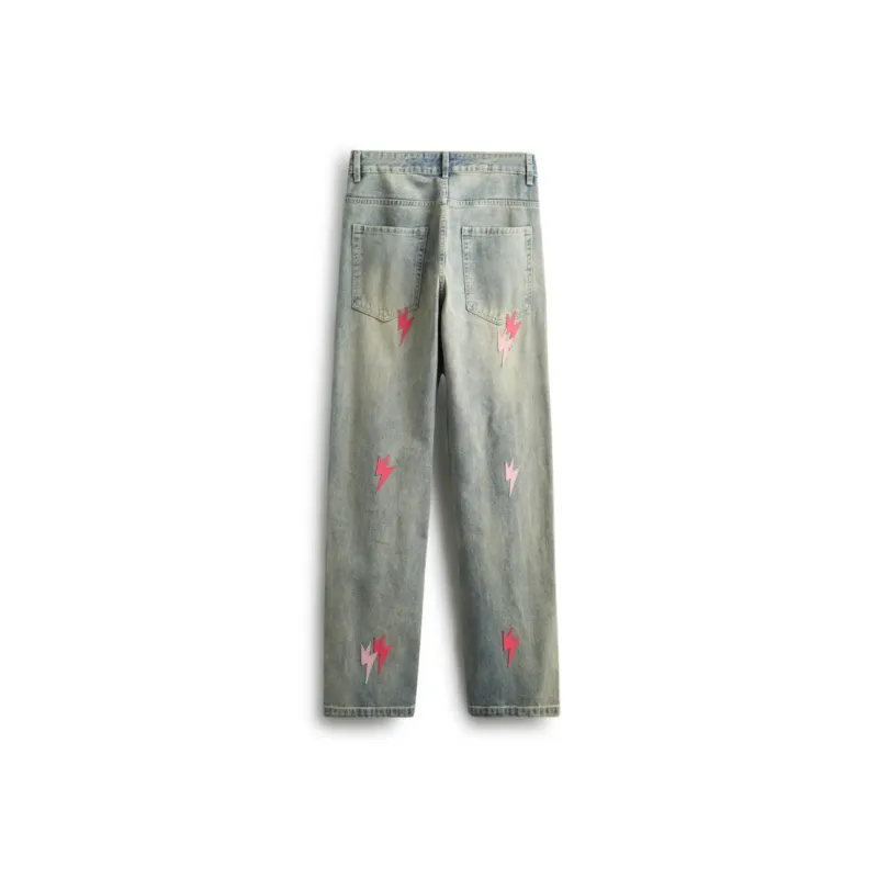 OKPI Jeans Unisex Lightning Patch ☆ Vintage Blue ☆-1