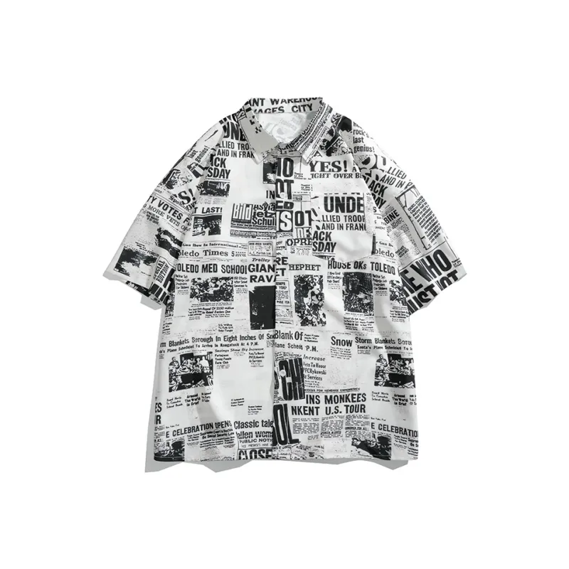 PEIMENG Shirts Men White Base Vintage Newspaper-0