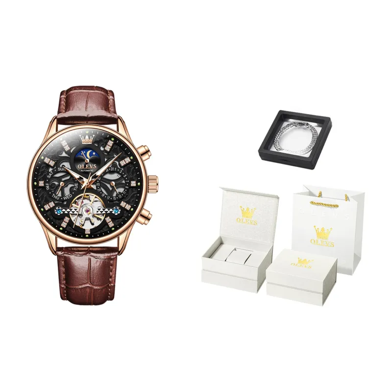 OLEVS Play The Cool Series Mechanical Movement Leather Strap Watch Men's Watches Black Dial-4